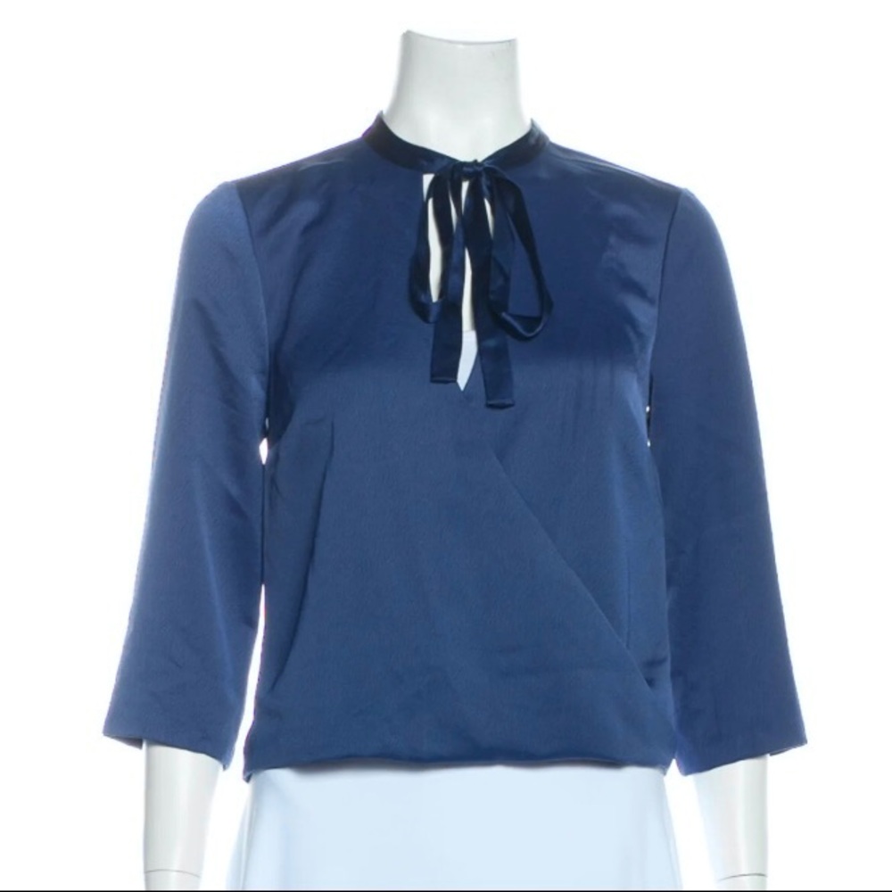 Size 0 DraperJames Navy Silk Tie-Neck Wrap Blouse